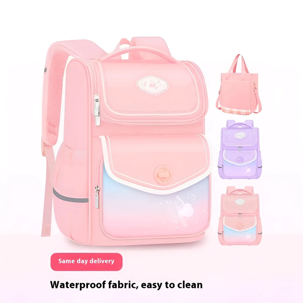 Pink waterproof Oxford cloth school backpack for girls, designed for primary school years 1 to 6.