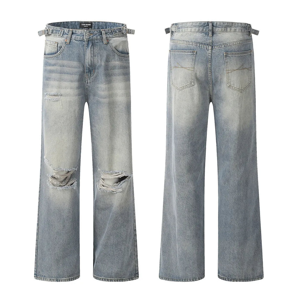 Men's blue straight-leg ripped jeans with zipper fly and retro styling in cotton blend fabric