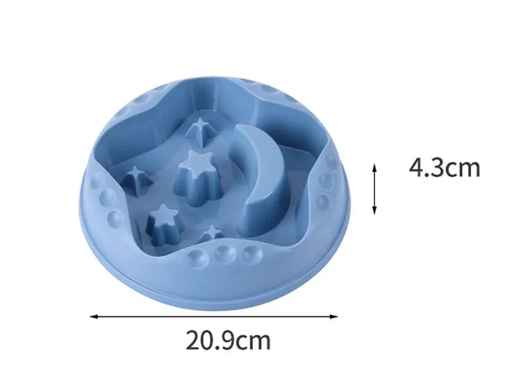 Moon Star Wings ceramic dog slow feeder bowl with raised centre ring and non-slip base in blue, grey, green, pink, or yellow.