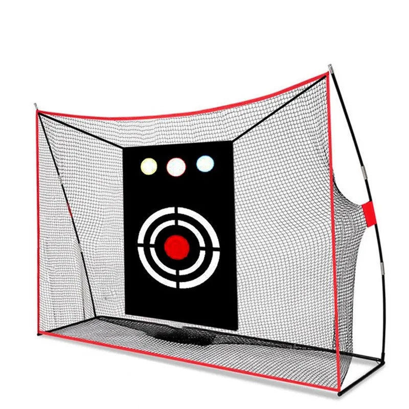 Golf swing wedge training net with 3-hole cross net, straw practice mat, and practice balls