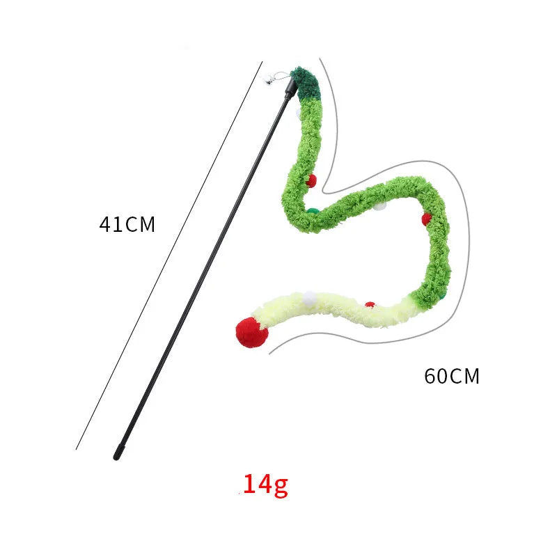 Colourful plush strip cat wand toy with jingle bells on a 41cm long pole