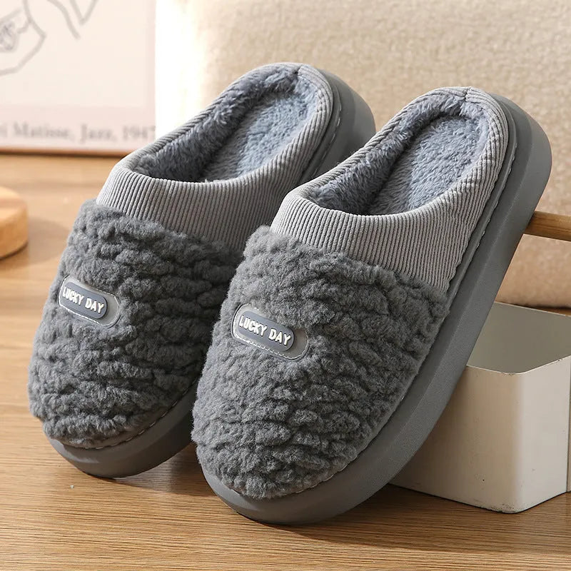 Men's grey winter slippers with artificial wool lining and non-slip EVA rubber soles