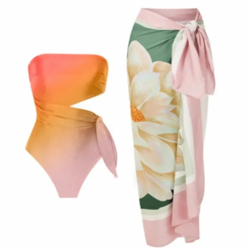 Women's retro print one-piece swimsuit in quick-drying polyester fabric.