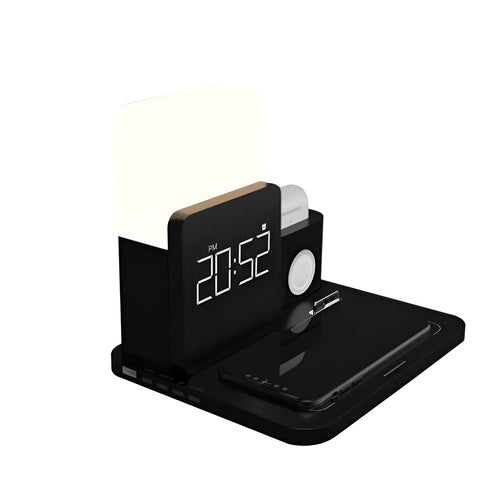 3-in-1 Qi wireless charging stand showing phone, smart watch and earbuds charging simultaneously