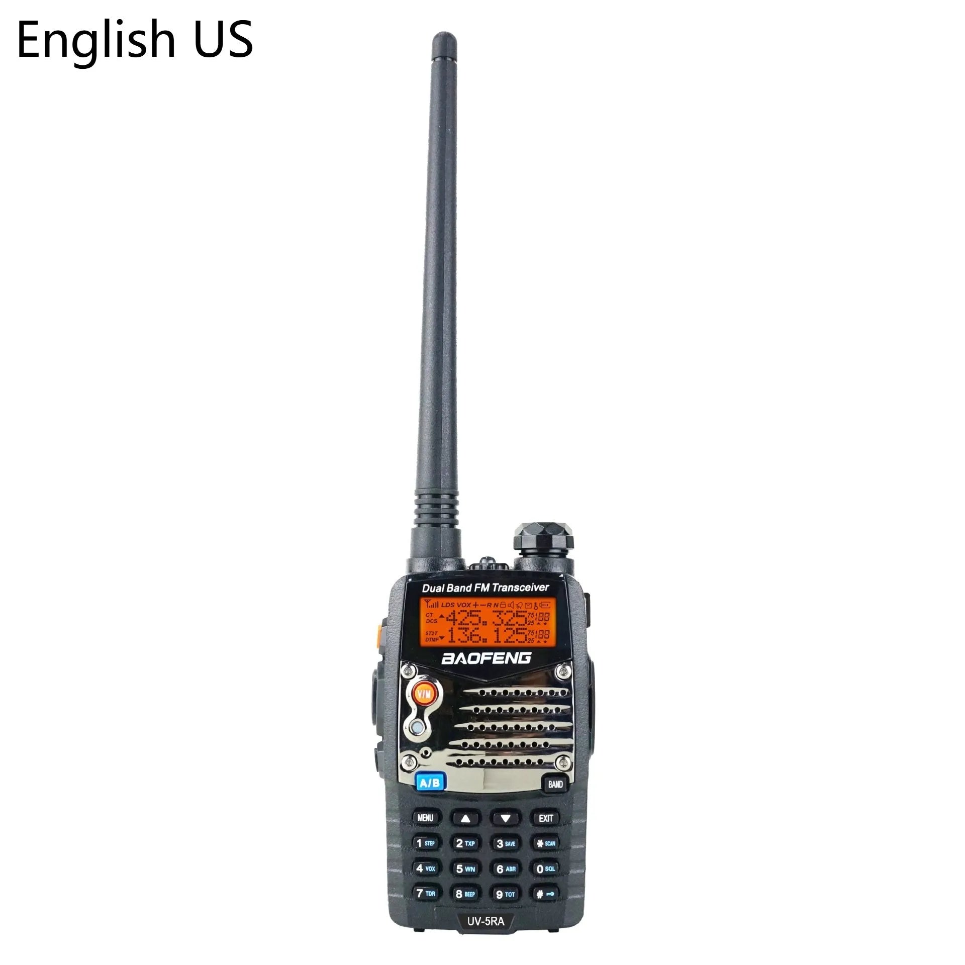 Baofeng UV-5RA dual band handheld walkie-talkie with display, shown in available colour variants.