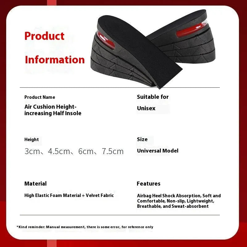 Black height increasing insole with layered design, half insole and full pad options, suitable for shoe sizes 35 to 44