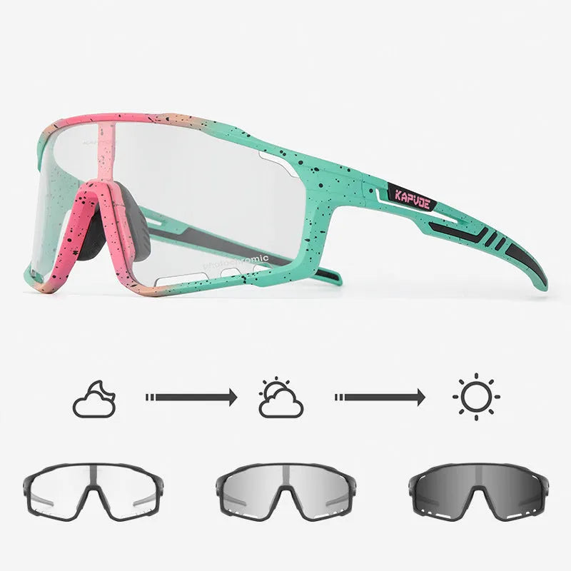 Colour-changing cycling sunglasses with photochromic lens and TR90 frame