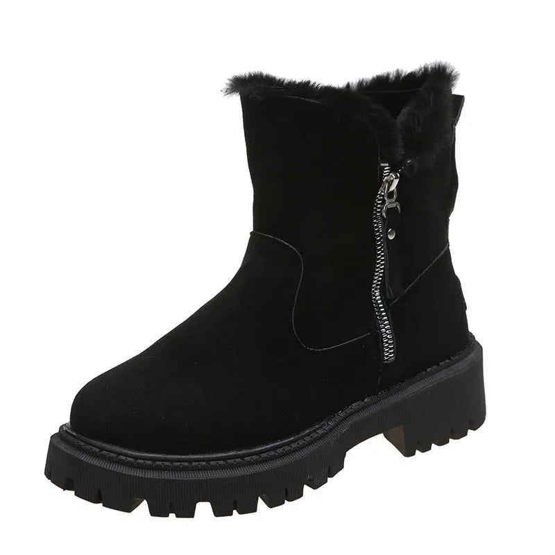 Black women's high-top snow boots with side zipper, faux suede upper, and non-slip rubber sole.