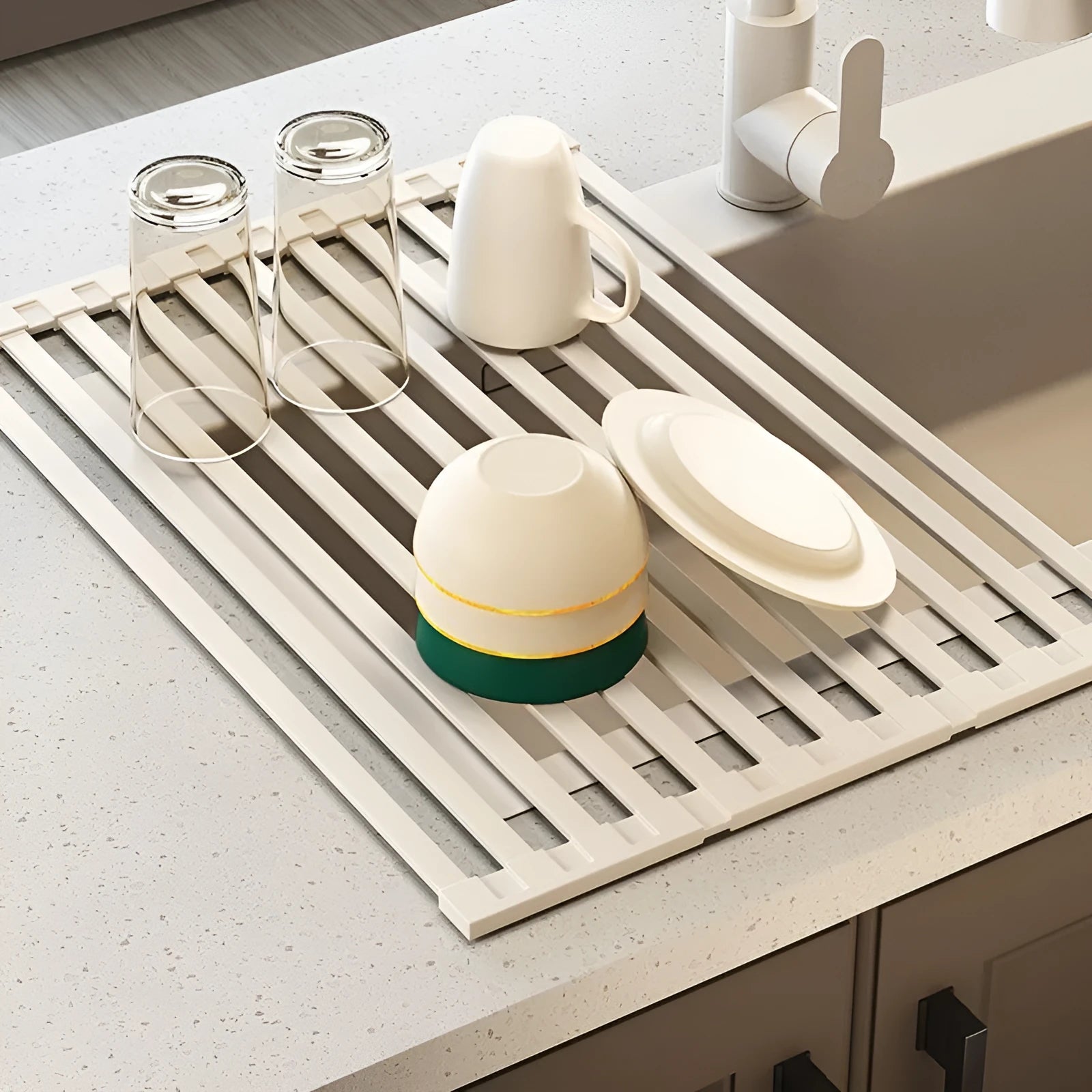 Foldable milky white stainless steel kitchen draining rack shown open and collapsed.