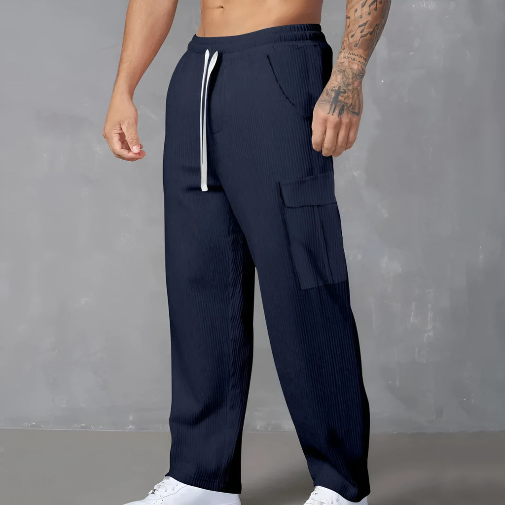 Men's corduroy cargo trousers in straight-leg design with drawstring waist available in multiple colours