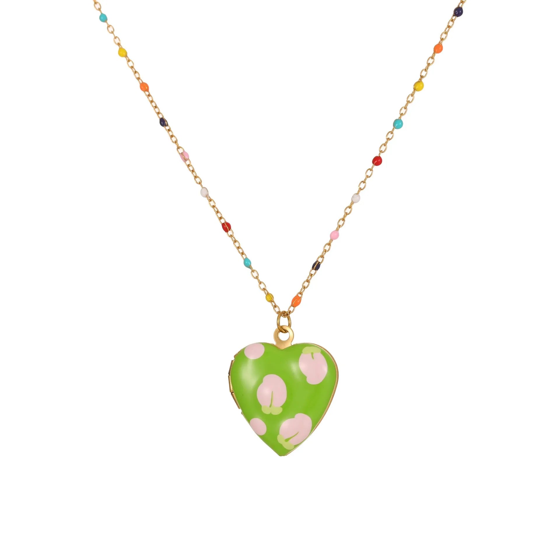 Women's stainless steel necklace with 18K gold plating showing heart pendant with fruit designs
