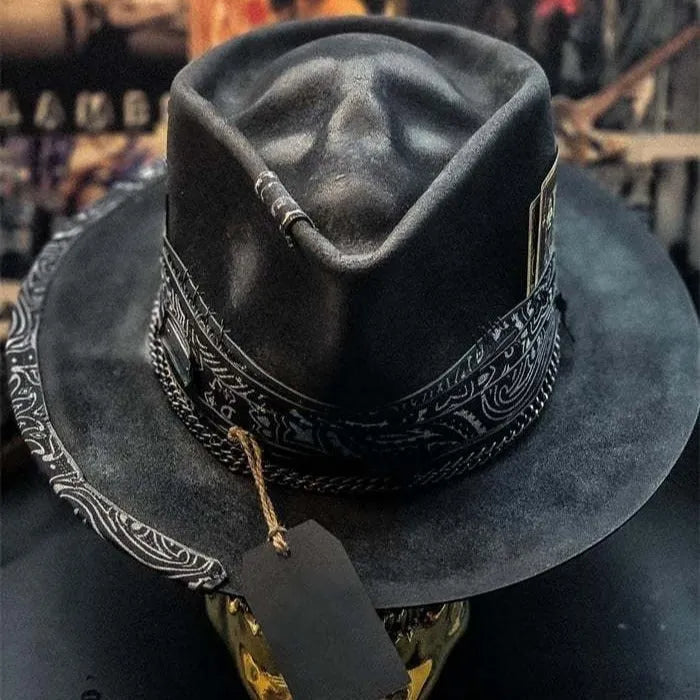 Handmade wool skull hat with conical crown design for Halloween and costume wear