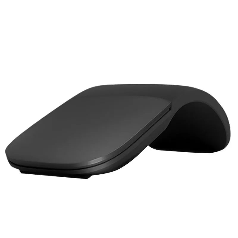 Folding touch wireless mouse in black showing compact folded and unfolded positions with Bluetooth connectivity