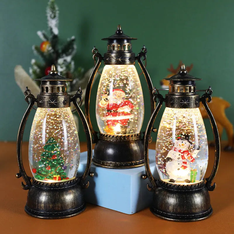 Crystal ball Christmas lamp with illuminated snowman figure inside, on a wooden table.