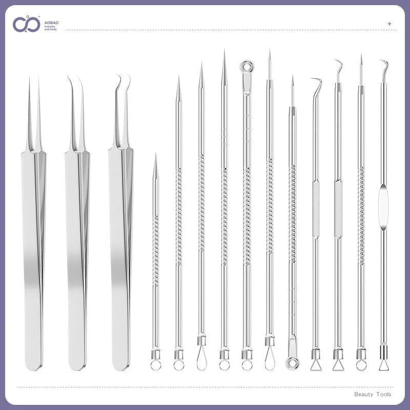 Four silver metal acne needles with pointed tips for skincare extraction.