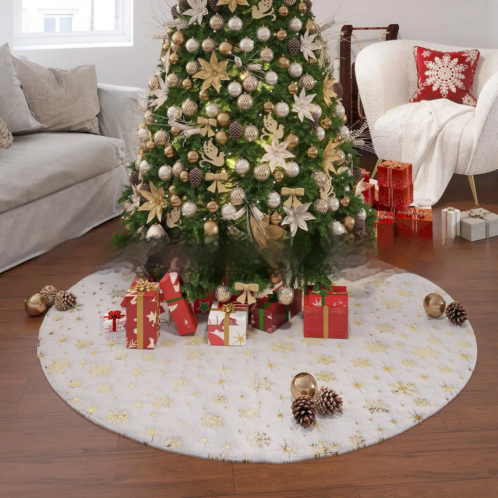 Plush red Christmas tree group mat with white snowflake XINGX pattern on a wooden floor.
