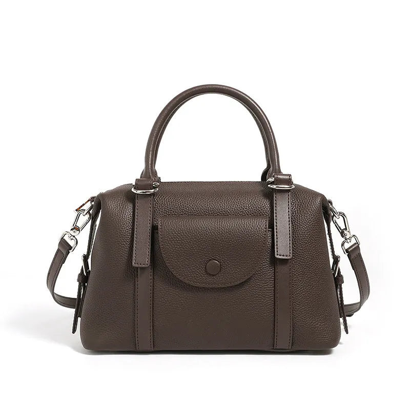 Genuine leather street trend ladies handbag with single shoulder strap in black, brown, or elephant grey.