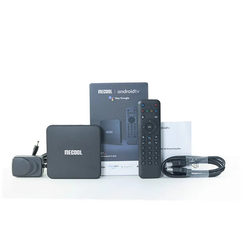 KM7 SE set-top box running Android 11 with 2GB 32GB storage, remote control, and HDMI cable