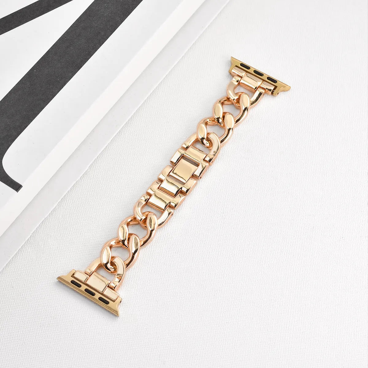 Denim-style cuff metal chain link Apple Watch replacement strap in silver, black, gold, rose gold, starlight.