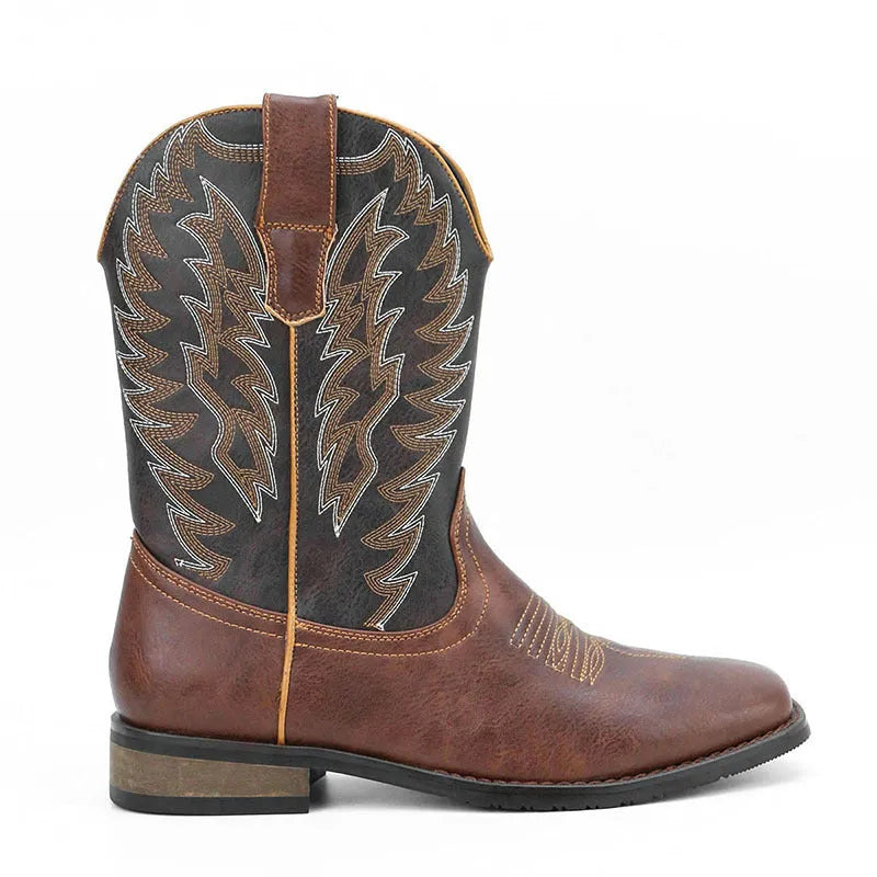 Men's western denim square toe motorcycle boots in black artificial leather with mid-calf length