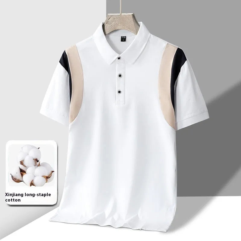 Men's striped cotton t-shirt with business lapel and Korean-style loose fit in summer colours