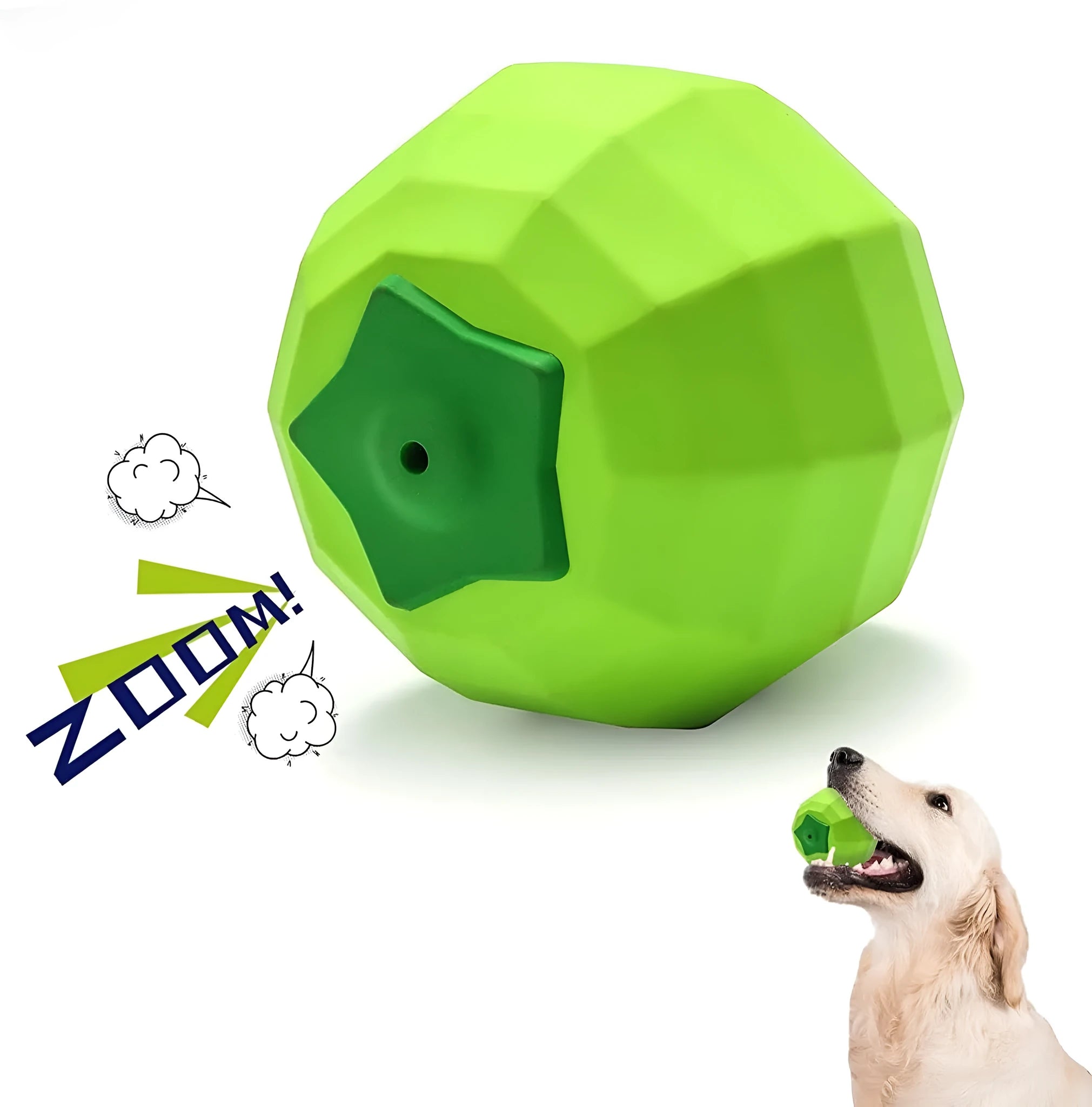 Green natural rubber squeaky dog ball toy for aggressive chewers, shown with dimensions 90mm.