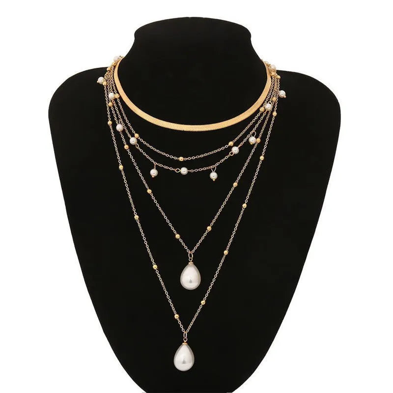 Alloy pearl necklace with twin-strand bamboo chain in silver finish