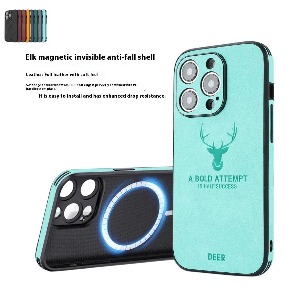 iPhone 16 magnetic charging case with 3D embossed moose head design in imitation leather