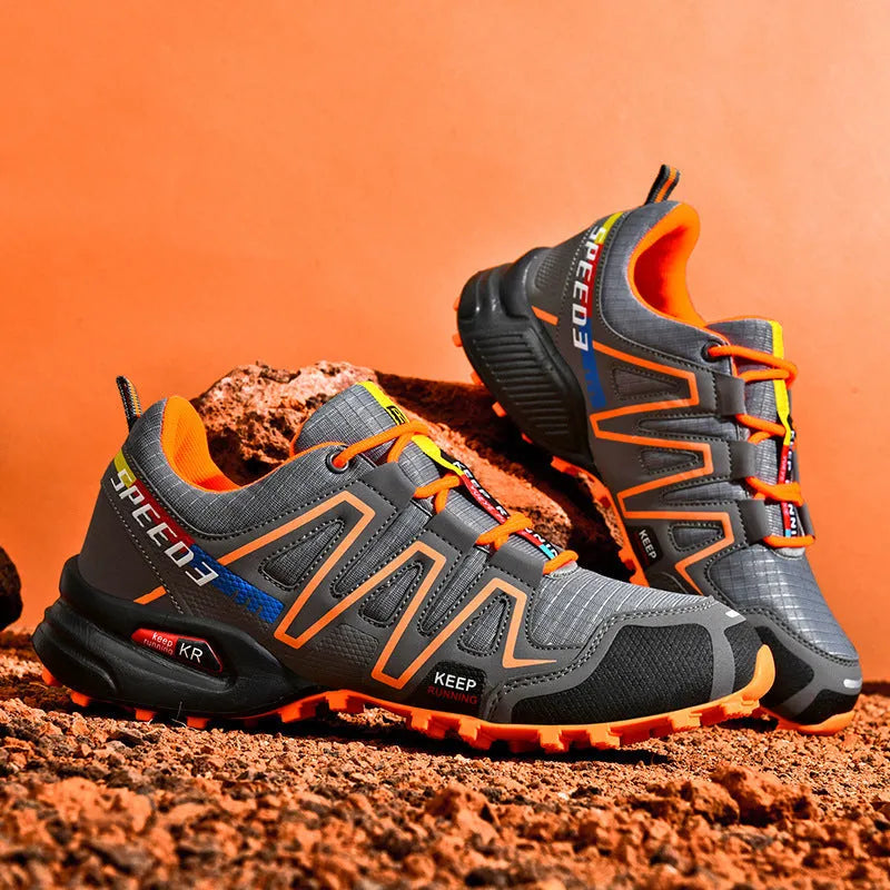 Men's grey orange plus size casual shoes with synthetic leather upper and low rubber sole