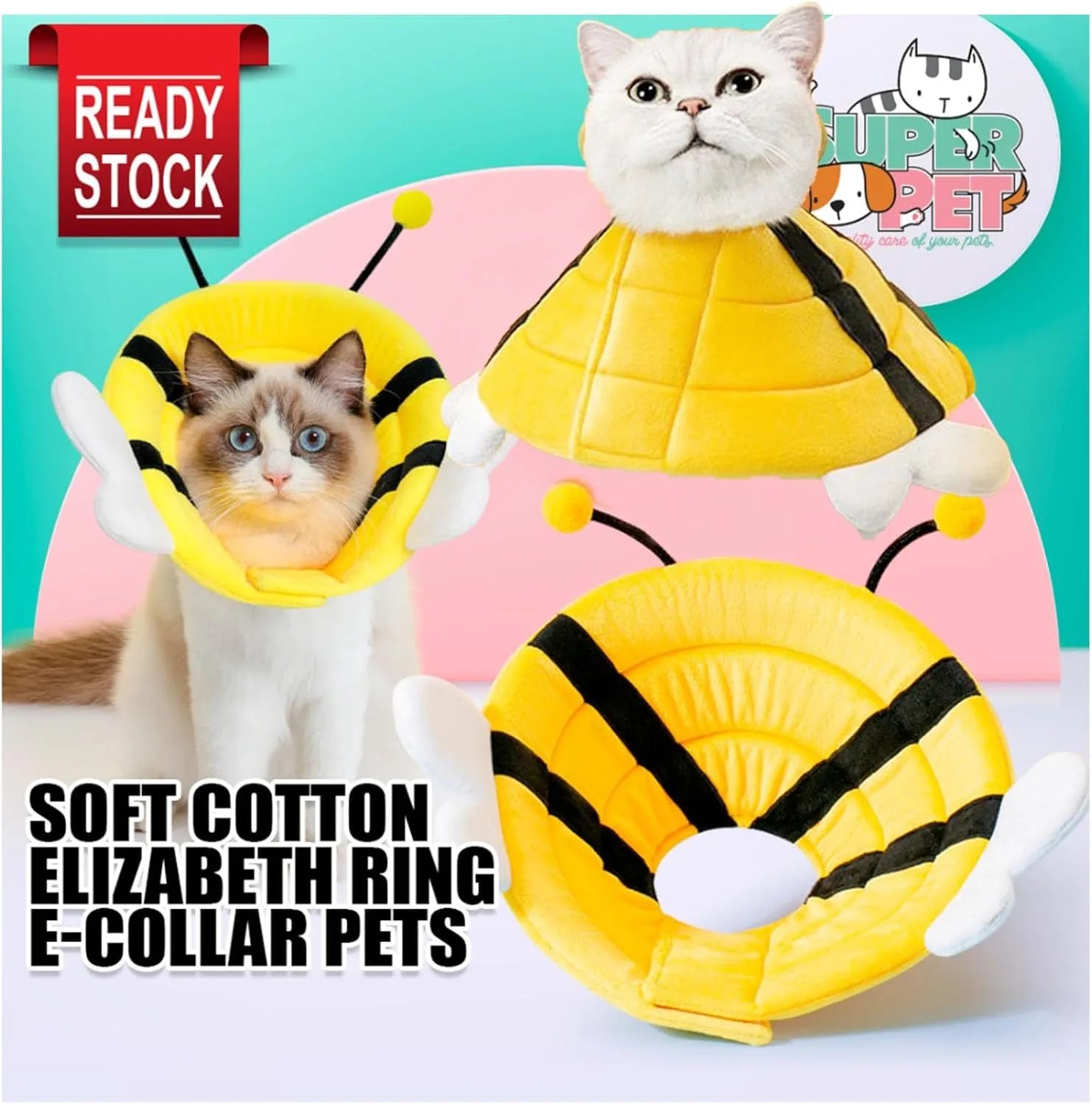Soft bee design cat cone collar with adjustable Velcro closure for pet protection