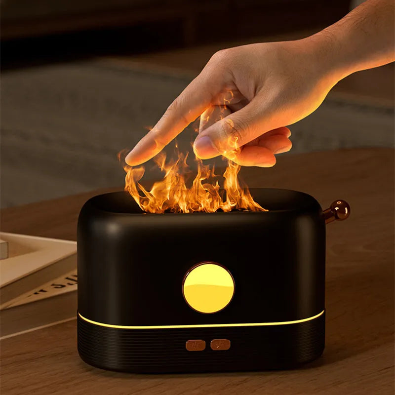 Black USB desktop humidifier with flame-effect LED light and 200ml water tank