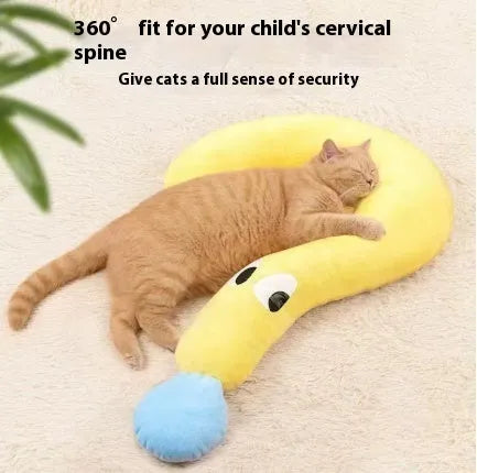 Blue question mark shaped cloth pillow for cat neck support on a pet sleeping mat