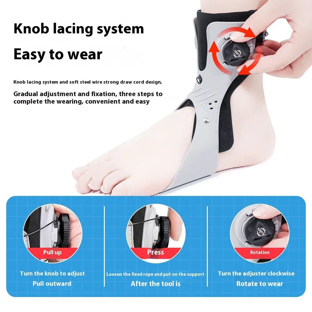 Grey or black ankle fixation brace with airbag button support showing left and right foot models