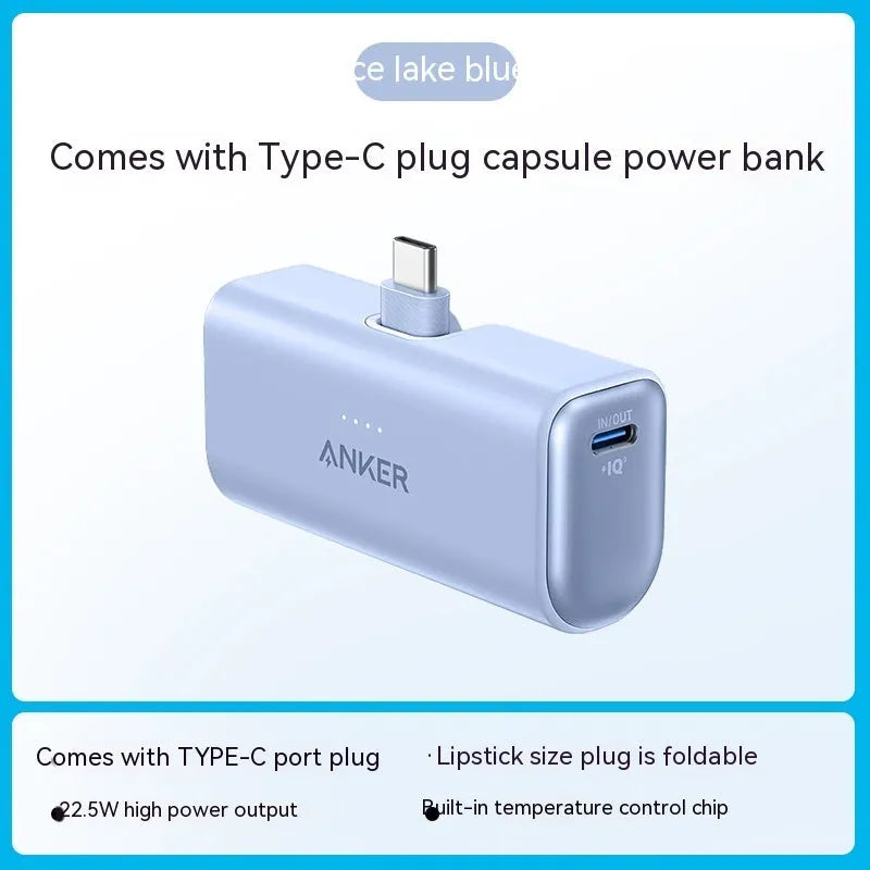Compact capsule-shaped power bank in various colours with a fold-out USB-C connector.