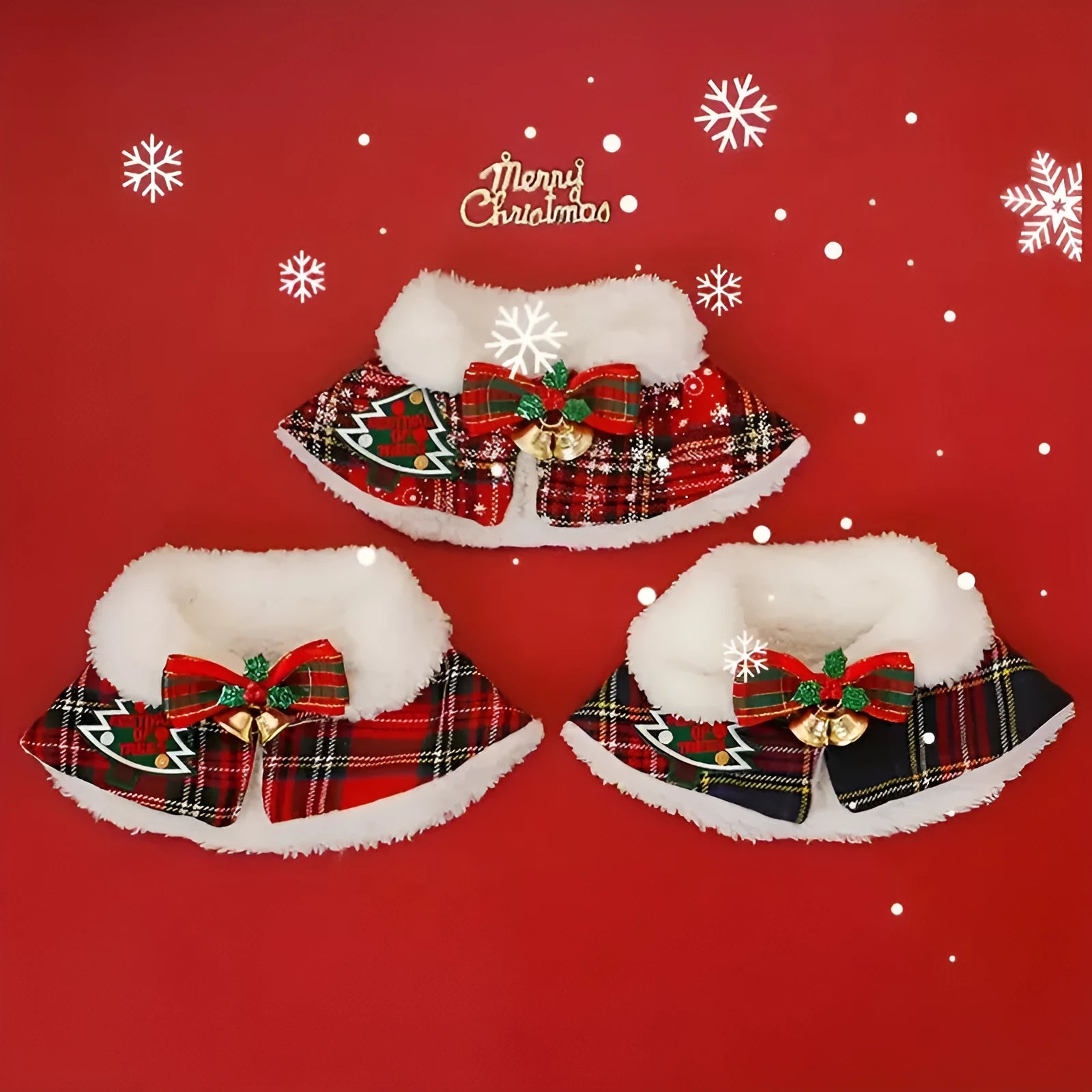 Red holiday pet scarf with bell motif wrapped around dog's neck for Christmas