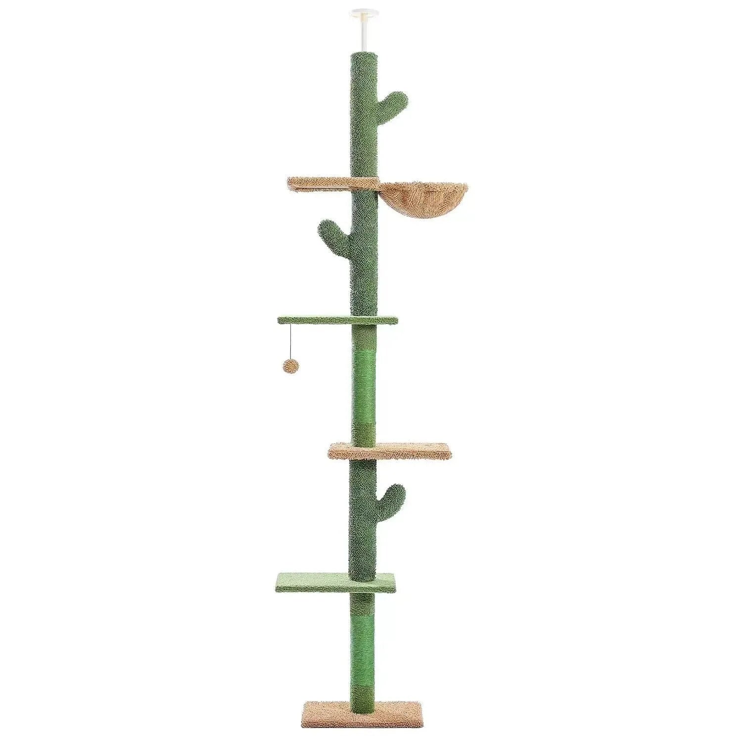 Tall solid wood cat climbing frame with integrated cactus-shaped cat nest, scratch board, and hanging toys.