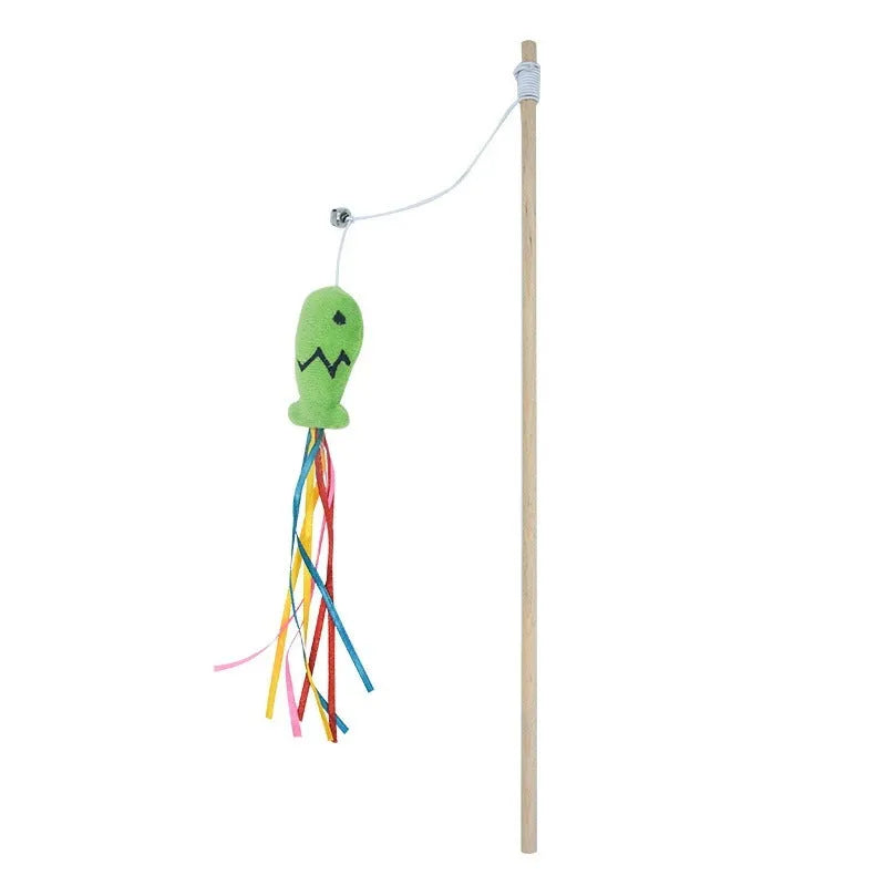 Interactive cat wand toy with wooden handle, colourful ribbons, catnip fish, and a bell.