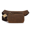 Brown top layer cowhide men's sports waist bag with a pull closure.