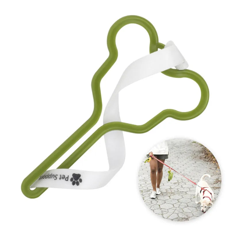 Hands-free dog poop bag holder with Velcro strap attached to a leash.