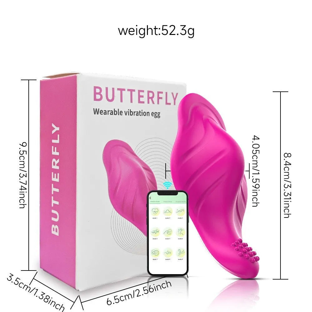 Rose Red female massager with cute butterfly shape featuring wireless APP control and USB charging port