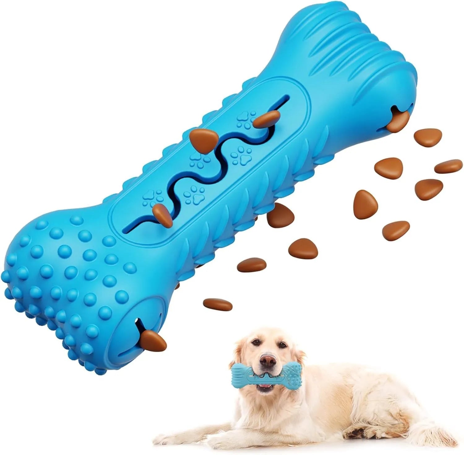 Natural rubber bone-shaped dog chew toy in blue, green, and orange colours