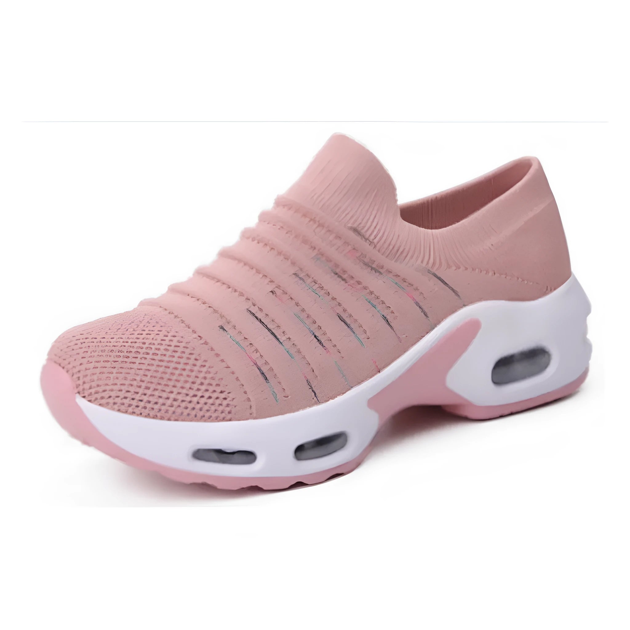 Women's plus size fly-knit socks shoes in dark blue with mesh upper and low heel, showing round toe design.