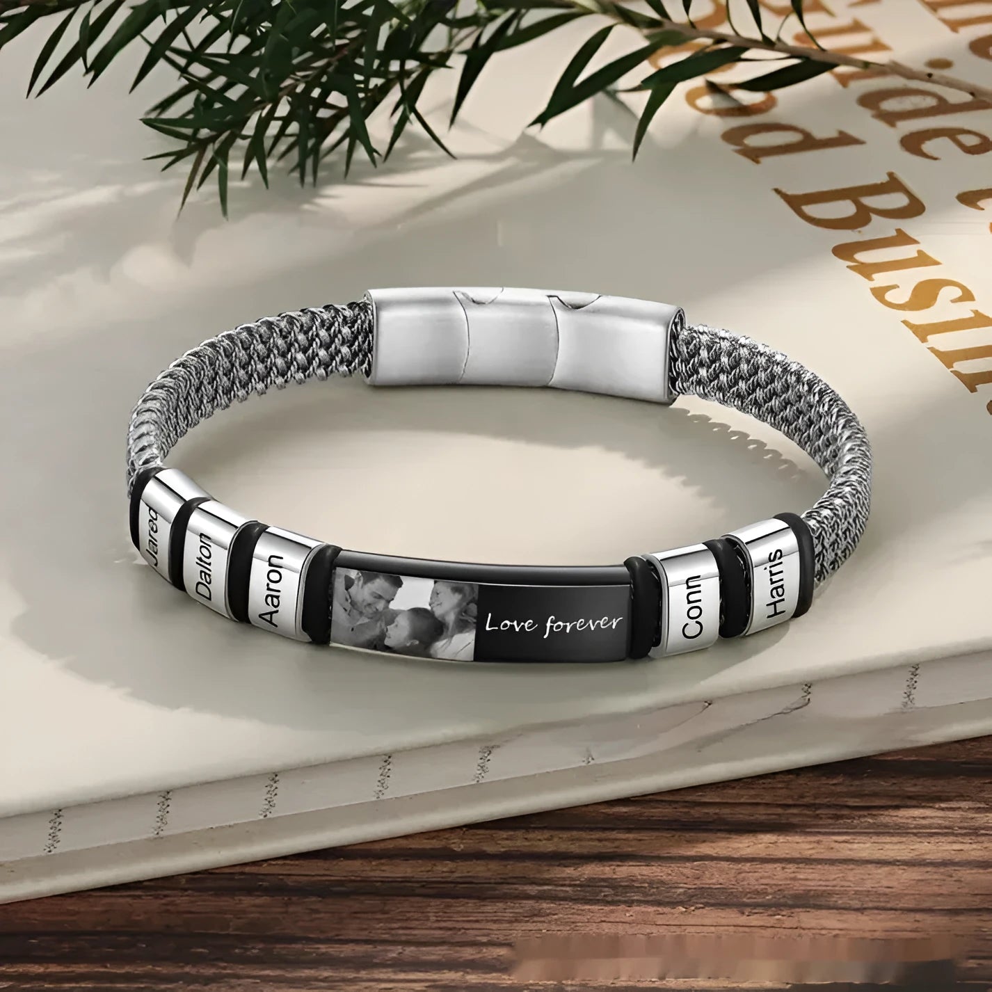 Men's titanium steel and leather rope lettering bracelet with heart-shaped design and multiple bead style options.