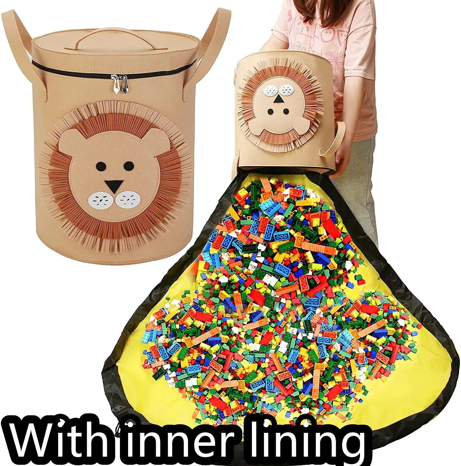 Green felt cube storage bag with a pull rope, laid flat as a play mat.