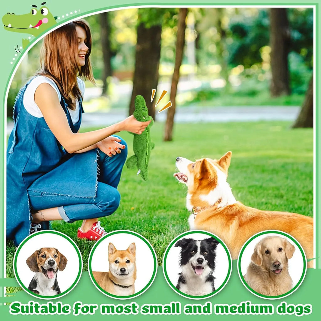 Green crocodile-shaped no-stuffing squeaky dog toy with crinkle paper tail