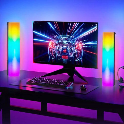 Black and white 3D RGB tabletop ambiance lamp with voice-activated rhythm lights for gaming and decor.
