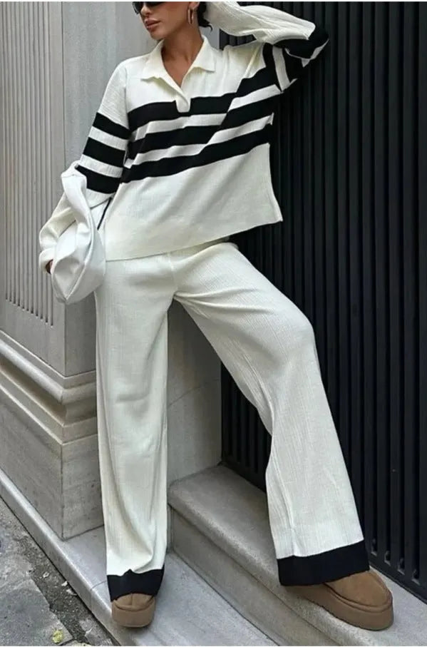 Women's black and white striped knitted polo collar two-piece set with long sleeve top and trousers