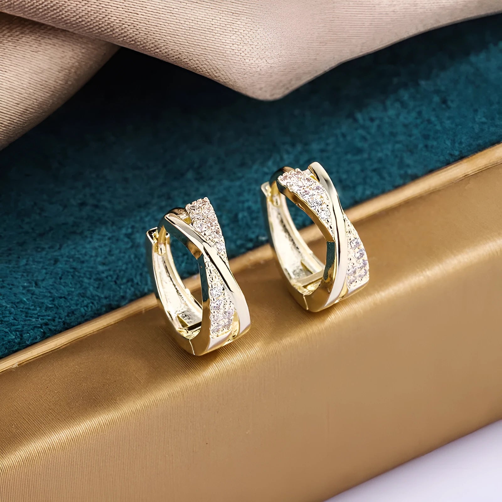 Copper geometric drop earrings with zircon detailing in 14K yellow finish