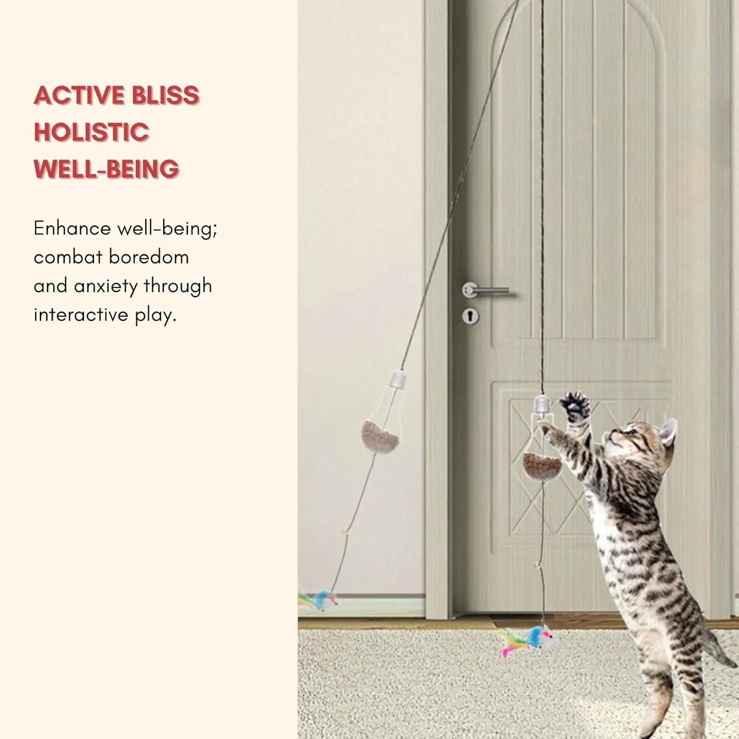 Interactive cat toy hanging from door frame with elastic rope, treat dispenser bulb, and dangling mouse accessory