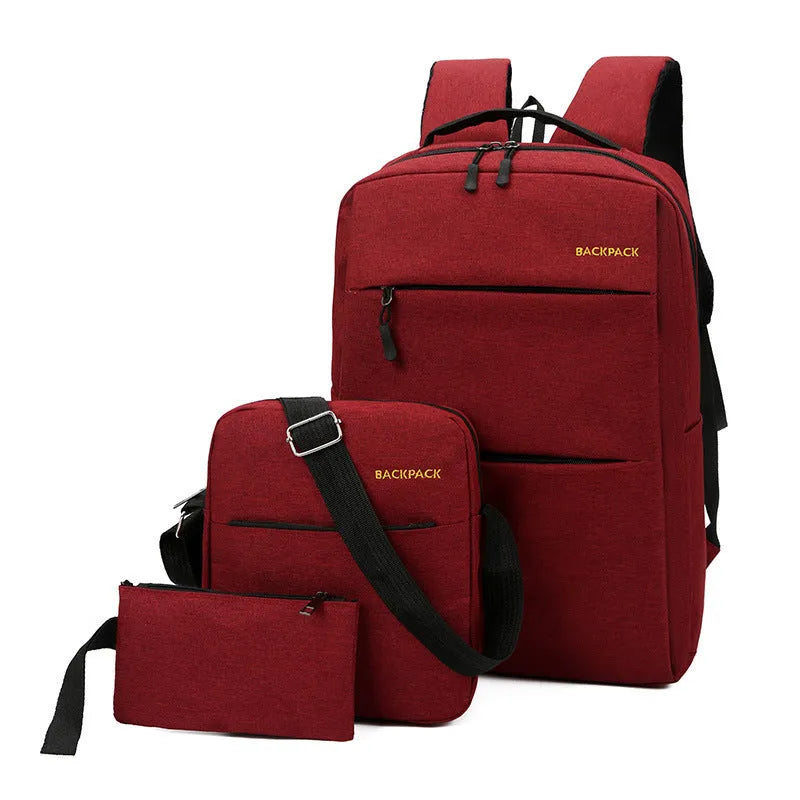 Men's USB charging three-piece casual computer bag set in nylon, shown in wine red colour.